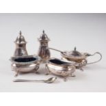 Five silver condiment pots, 5.9oz troy approx, three blue glass liners and three silver plated