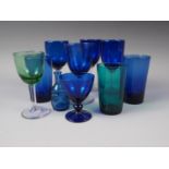 Four 19th century blue glass wines, a green glass wine, two blue glass pony tumblers and other