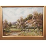 R J Bannister: oil on canvas, cottage in spring, 9 1/2" x 13 1/2", in gilt frame