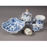 A Meissen double table salt (damages), a Meissen blue and white onion pattern square dish, a similar