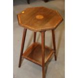 An Edwardian walnut and satinwood banded octagonal top two-tier occasional table, 17" wide x 27 1/2"