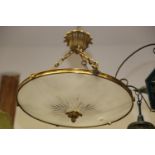 A frosted cut glass and gilt metal ceiling shade, 21 1/2" dia