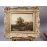 An early 19th century oil on board, landscape with figures in a boat and cattle watering, 8 1/2" x