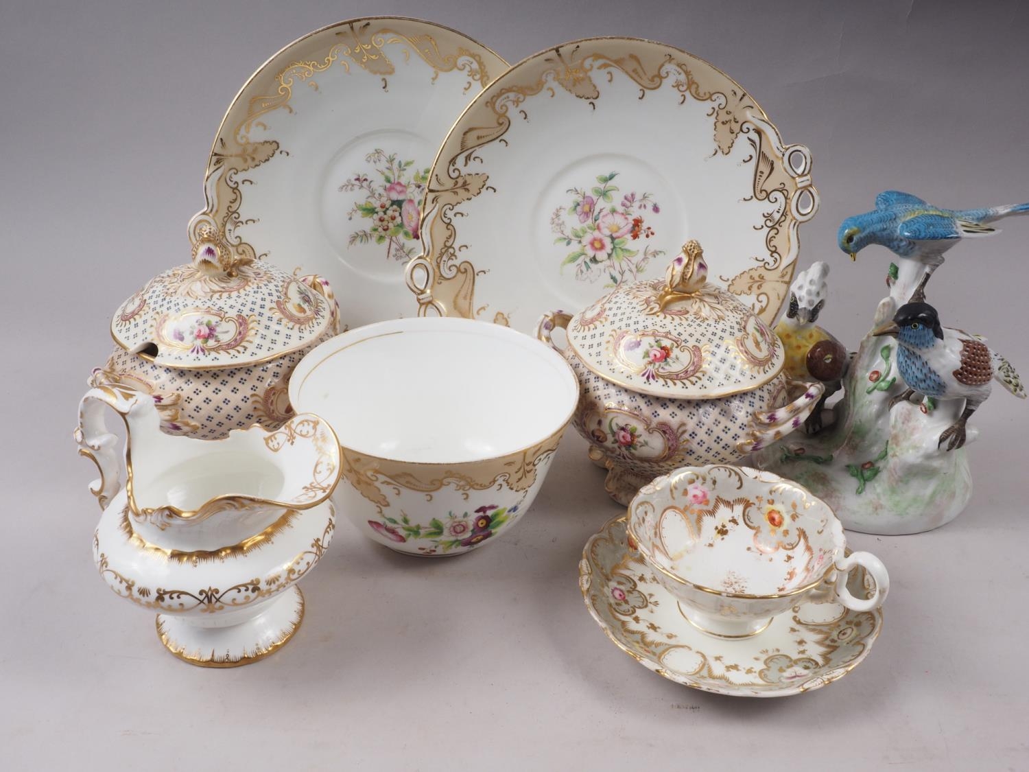 A pair of 19th century bone china sauce tureens (restored), a Ridgeways type cabinet cup and