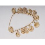A 9ct yellow gold signs of the zodiac bracelet, 14.4g