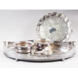 A silver plated oval gallery tray, a plated wine funnel, a card tray and a pair of plated bottle