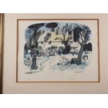 Graham Clarke: two colour prints, fisherman's hut, and a thatcher at work, in gilt frames