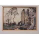 Moulton Foweraker, 11/32 W: watercolours, stone cottages, 7" x 10", in oak strip frame