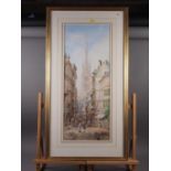 G E Langley: watercolours, Continental street scene, Rouen, 27" x 10 3/4", in wash line mount and