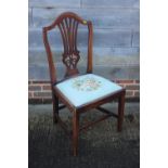 A Hepplewhite design mahogany side chair with pierced splat and needlework drop-in seat, on