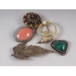 An Israeli brooch, marked 925, set irregular shaped ruby fuchsite cabochon stone, and four other