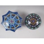A Strathearn type star shape paperweight with radiant canes, 3" wide, and a similar paperweight, 2