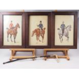 A set of three Legras French 19th century equestrian colour prints, in oak strip frames, and a Swain