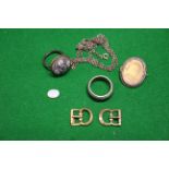 A micro mosaic ring, a jade ring, a pair of buckles, a chain and an opal