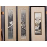 A pair of Japanese watercolours, birds in winter, 12" x 2 1/4", in ebonised strip frames, and a