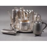 A silver plated Walker & Hall three-piece tea and coffee set, a circular tray, goblets and other