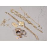 A selection of 9ct gold jewellery, including a wedding band, size Q, a cluster ring, size R, an