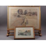 M E Anderson: oil on board, Twickenham scene, in gilt frame, and a number of other related works