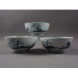 Three Nanking cargo bowls with blue and white landscape decoration, 6 1/2" dia
