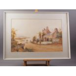 J Hughes Clayton: watercolours, coastal cottages with figures, 15" x 23", in painted frame