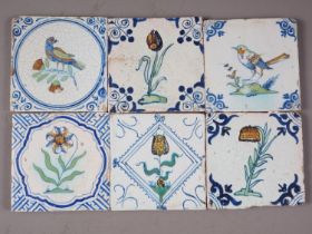 Six delft tiles with flower and bird decoration, 5" square