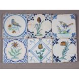 Six delft tiles with flower and bird decoration, 5" square