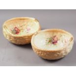 Two early 20th century Royal Worcester blush ivory baskets with floral decoration, 8 3/4" wide