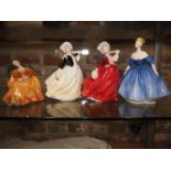 Four Royal Doulton figures, "Romance" HN2430, 5 1/4" high, "Nina" HN2347, 7 3/4" high, and two "