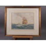 Ernest Harrington: watercolours, galleon setting sail, 10" x 14", in wash line mount and gilt strip