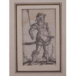 A 16th century wood engraving of a soldier, 4 1/4" x 2 1/2", unmounted, and a pair of 17th century