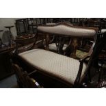 An Edwardian walnut and line inlaid salon suite, comprising two-seat settee with pierced splat back,