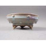 A Chinese Jun style dish, on three supports, 7" dia x 7" high