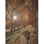 D Sherrin?: oil on canvas, shepherd and sheep in a winter woodland, 35 1/2" x 24 1/2", in gilt frame