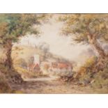 English mid 19th century school: watercolours, church and cottages in a valley bottom, 6 1/2" x 9