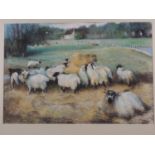 Christine Hall: pastels, sheep in a landscape, 14" x 21", in deep gilt frame