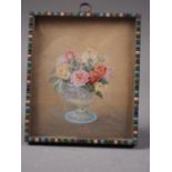 Watts: a watercolour miniature still life of summer roses, 3" x 2 1/2", in decorated frame