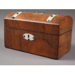 A walnut and ivory mounted dome-top two-division tea caddy, 9" wide