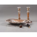 A pair of silver plate on copper candlesticks, 8 1/2" high, a plated dish with pierced decoration,