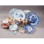 Four Chinese porcelain blue and white plates, decorated various landscapes, 9" dia, a Satsuma
