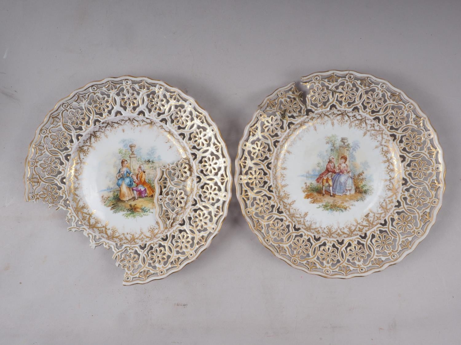 A set of twelve 19th century Dresden figure pierced decorated gilt scrollwork dessert plates (two - Image 2 of 7