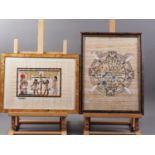 A pair of Egyptian watercolours on papyrus, traditional pharaonic scenes, in strip frames, two