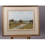 George Oyston, 1929: watercolours, rural landscape with stone walls and figures, 10 3/4" x 14 1/