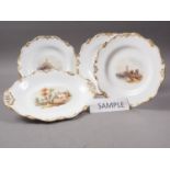 A set of nine 19th century Ridgway "View" pattern dessert plates with gilt rims, 9" dia