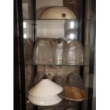 Seven shaped clear glass shades with engraved decoration, a hardstone shade, four milk glass