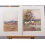 J Thwaite Irving: two watercolour studies, working horses watering at dusk, 9 3/4" x 7 1/2",