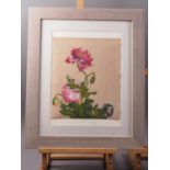 An Oriental watercolour on silk, poppies, 13" x 11", in grey strip frame