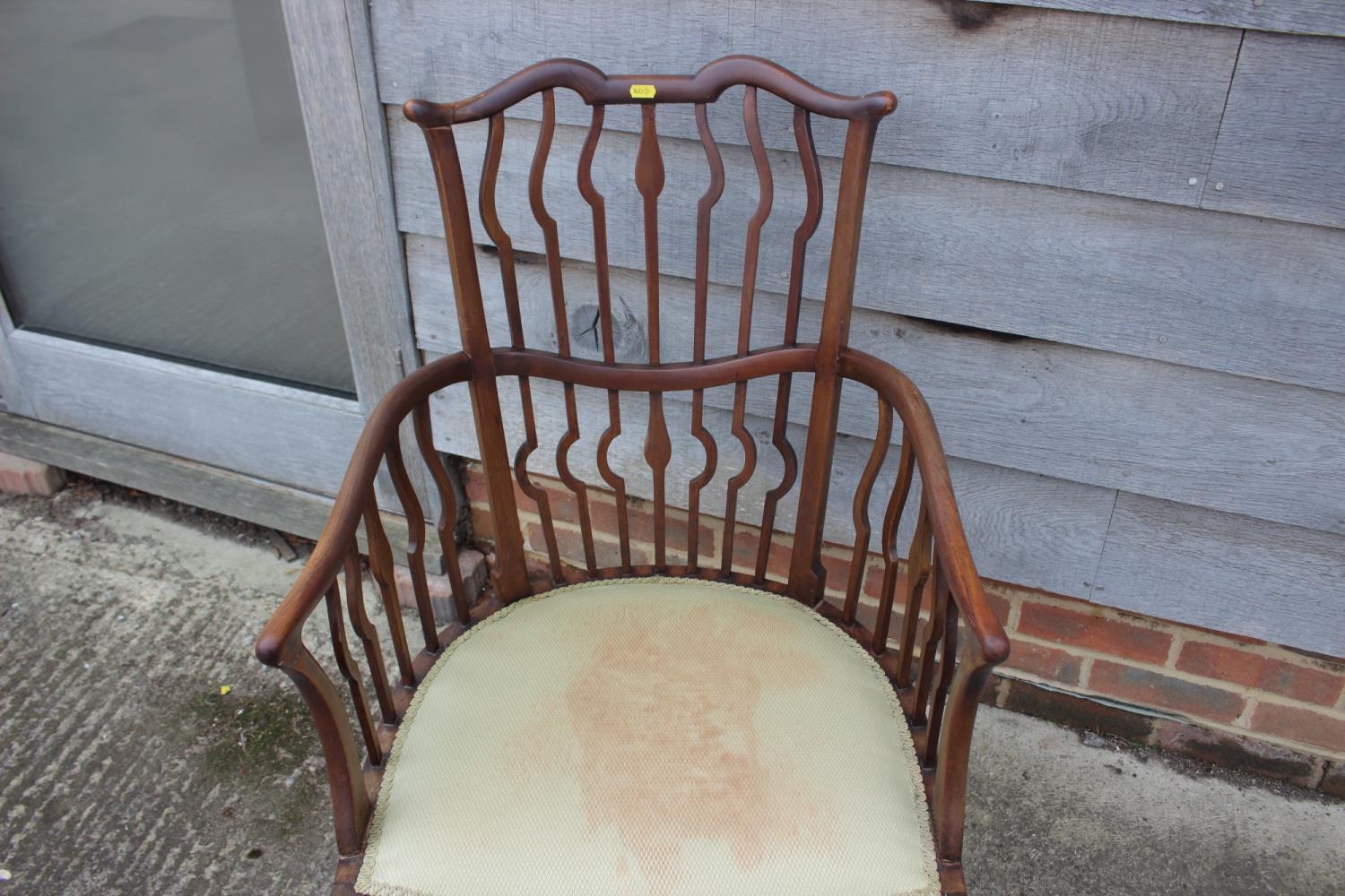 A late 19th century mahogany shaped vertical rail back open armchair with padded seat, on cabriole - Image 2 of 4