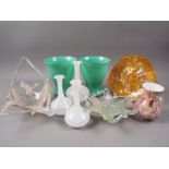 A Murano glass shallow bowl, a similar basket, a carnival glass trefoil dish and other decorative