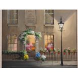 Deborah Jones: oil on board, shopfront, "H J Willows, Florists", 12" x 15", in linen lined gilt