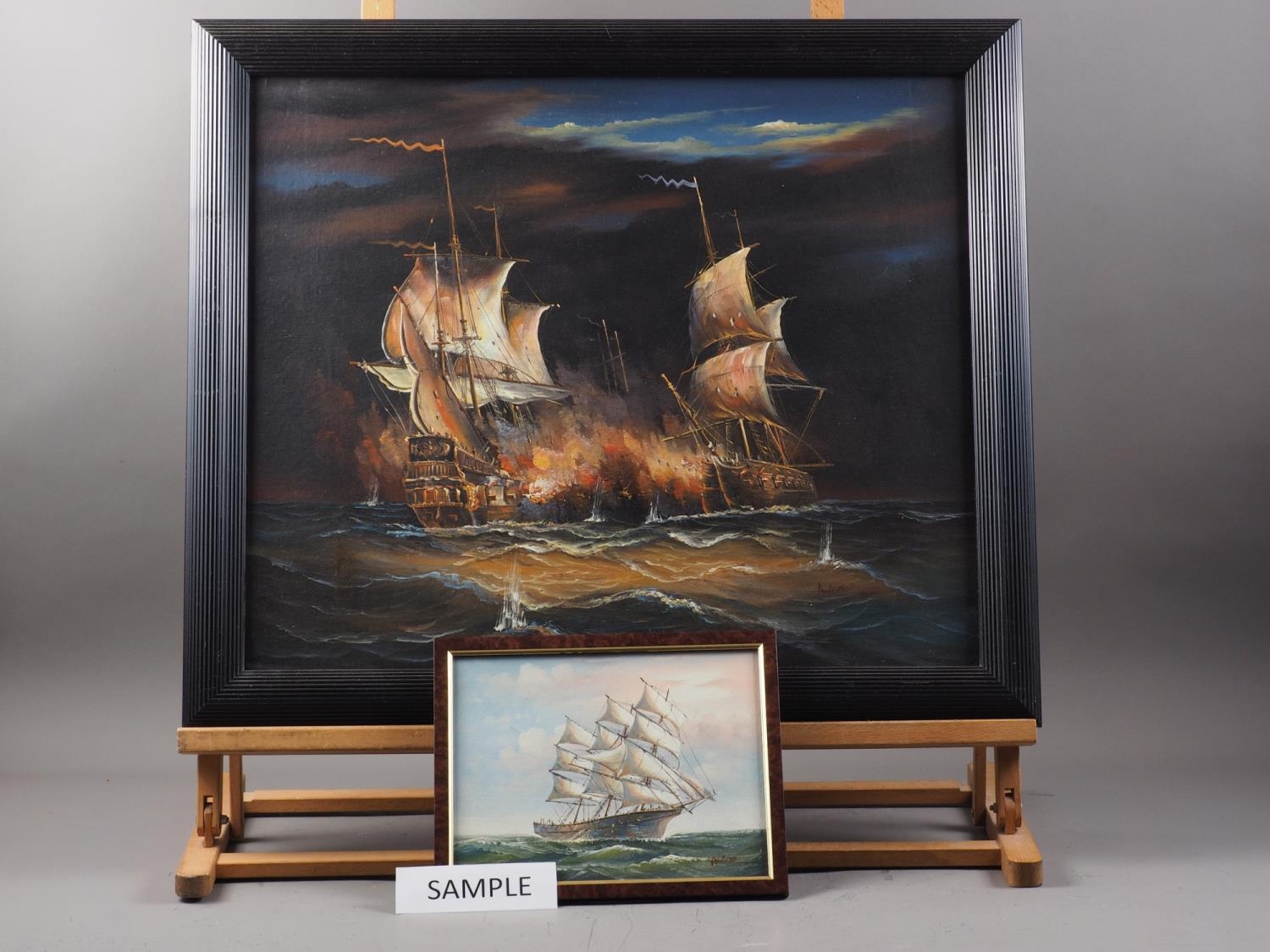 An oil on board 17th century, naval battle, and four other pictures, sailing ships, various, in
